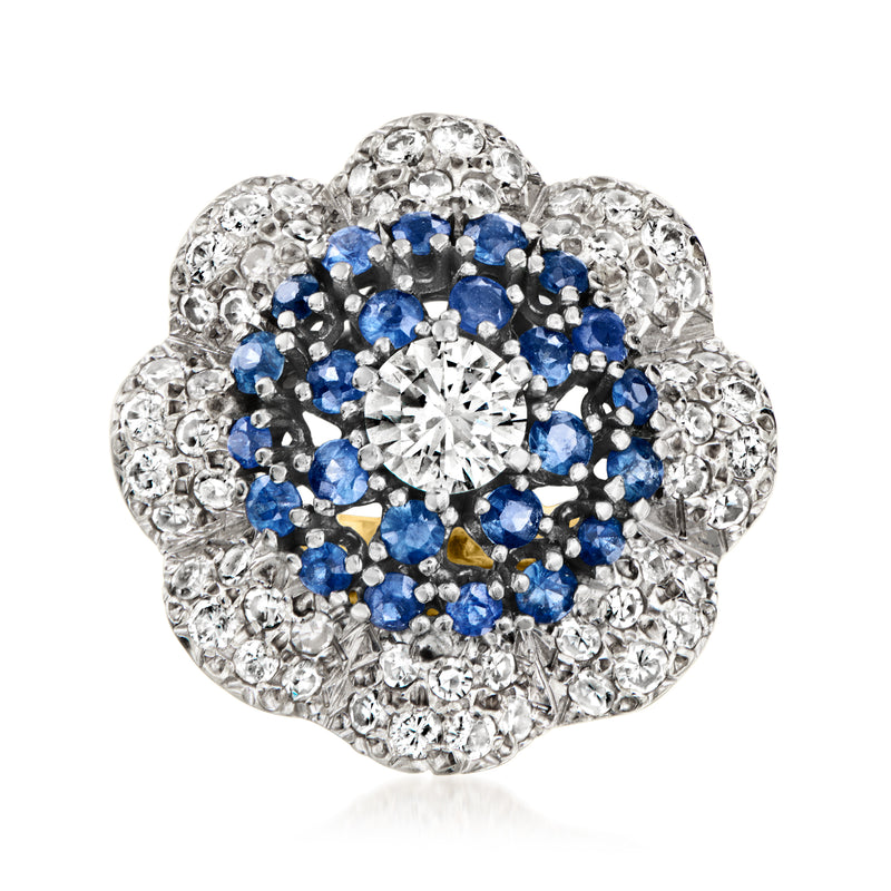 Vintage diamond and sapphire flower ring in two-tone gold, with round center stone