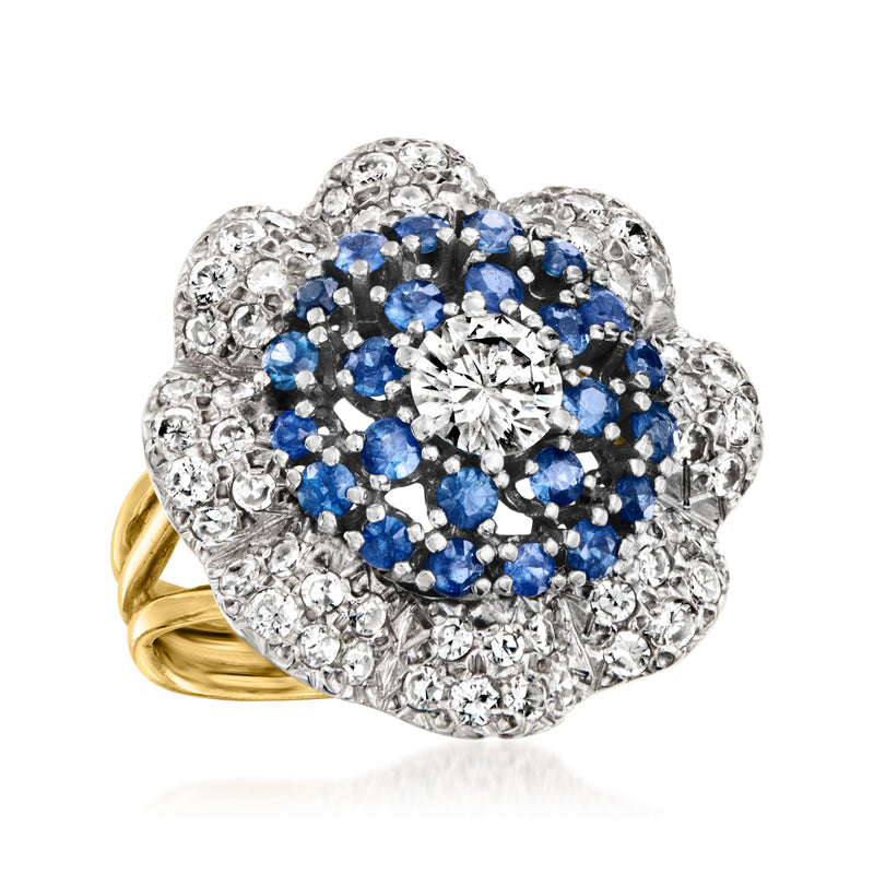 Vintage flower ring with diamonds, blue sapphires, and two-tone gold