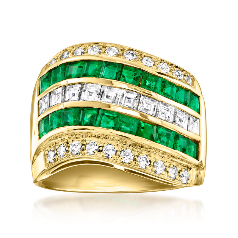 18k yellow gold wave ring with emerald-cut green stones and diamond accents