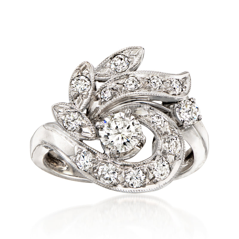 Vintage diamond cocktail ring in 14kt white gold with swirl floral design