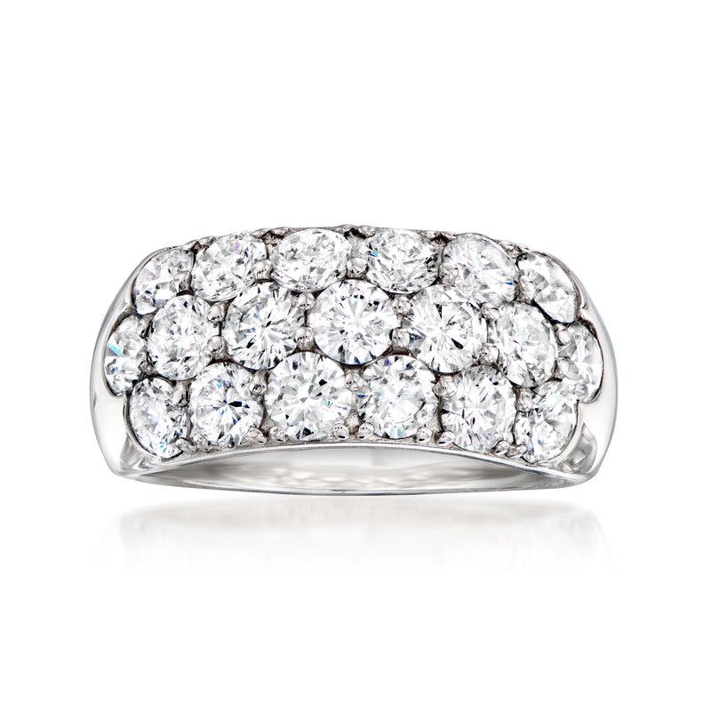 Vintage platinum diamond three-row ring with round brilliant-cut stones, wide band