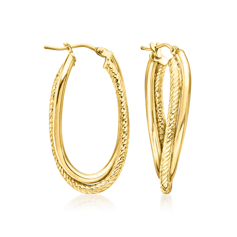 Yellow gold double-oval twisted hoop earrings, textured oval hoops