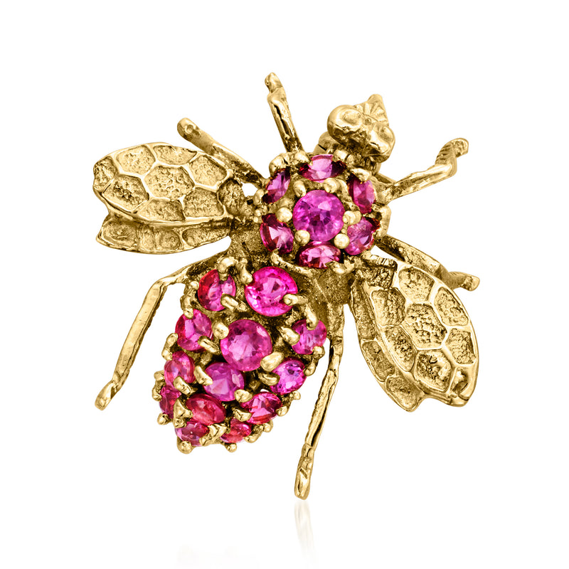Vintage yellow gold bumblebee pin with pink ruby-style stones