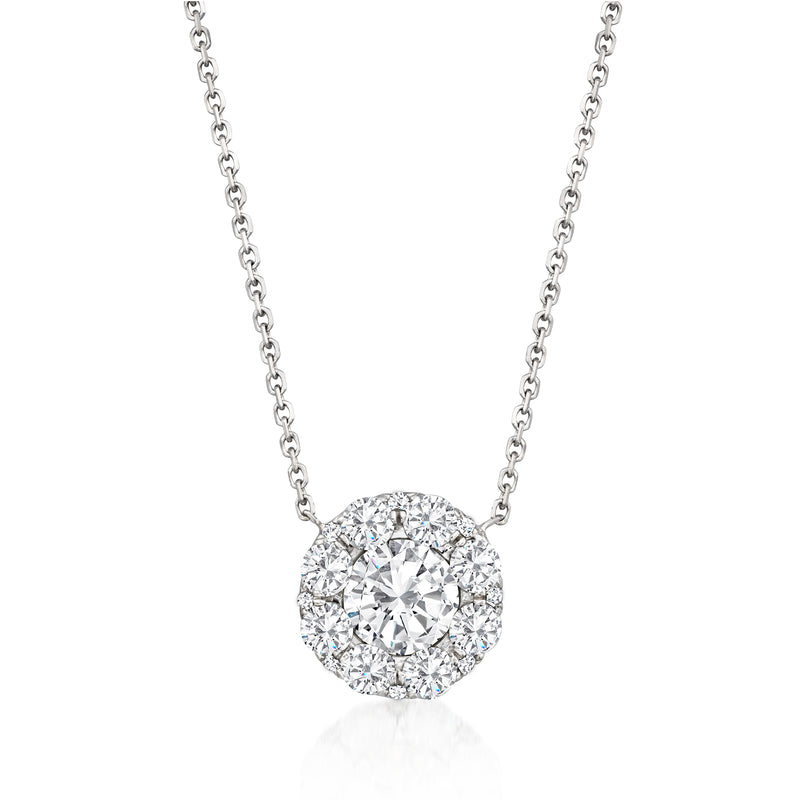 18kt white gold diamond necklace with round halo pendant on link chain