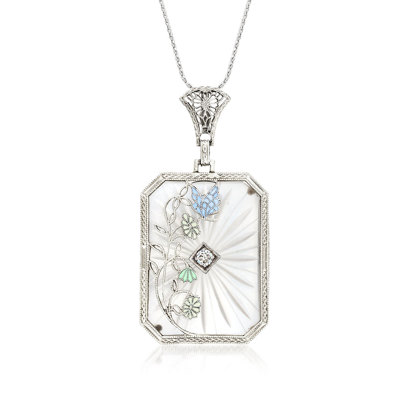 Vintage floral pendant necklace in white gold tone, octagonal frame with colorful stones