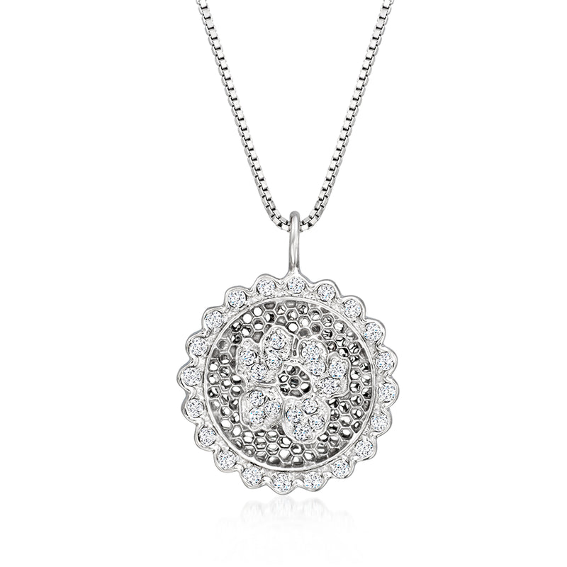 Diamond floral pendant necklace in white gold with round filigree flower medallion