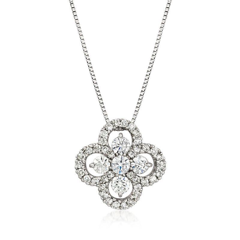 Platinum diamond flower pendant necklace with round brilliant stones, on a thin chain