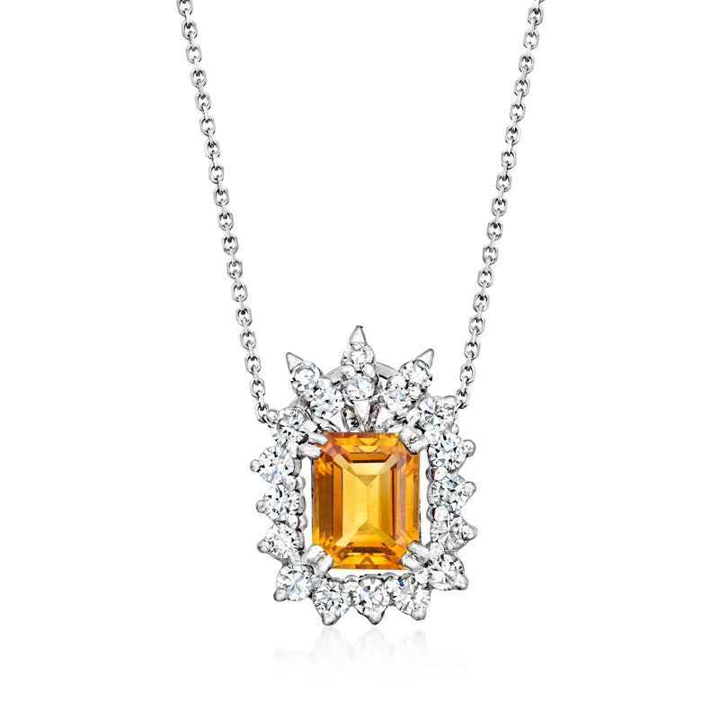 14kt white gold necklace with citrine center and diamond halo pendant