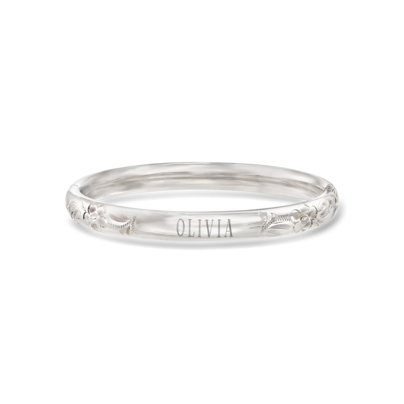 Sterling silver baby bangle bracelet with engraved name OLIVIA and floral detailing