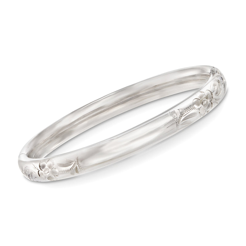 Sterling silver baby bangle bracelet with embossed floral edge detailing