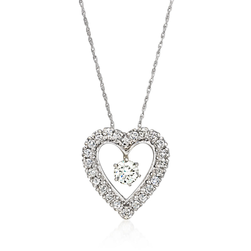14kt white gold diamond heart pendant necklace with center round stone, halo accents