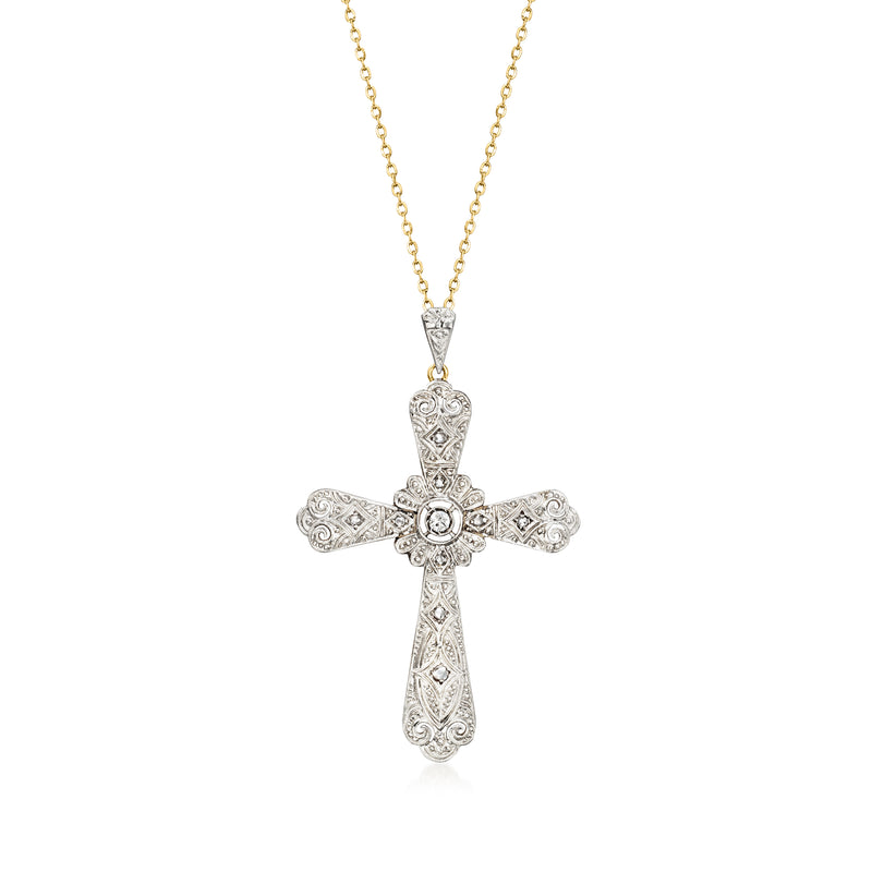 Vintage filigree cross pendant necklace in platinum with diamond center, 18k yellow-gold chain