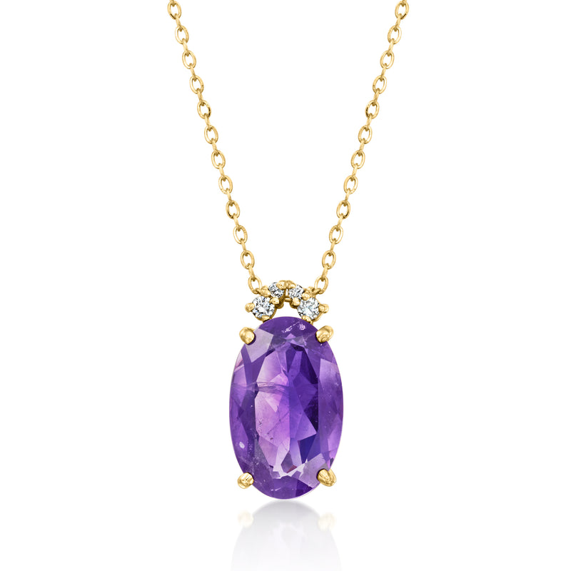 18kt yellow gold amethyst pendant necklace with diamond cluster and oval purple stone