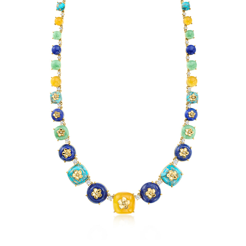 Multi-gemstone floral overlay necklace with blue, green, yellow, and gold stations