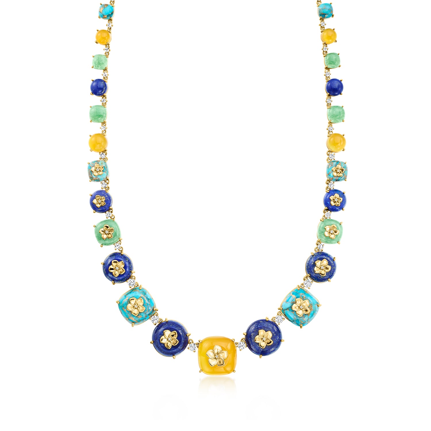 Multi-Gemstone Floral Overlay Necklace with 5.00 ct. t.w. White Topaz and .13 ct. t.w. Diamonds in 18kt Gold Over Sterling