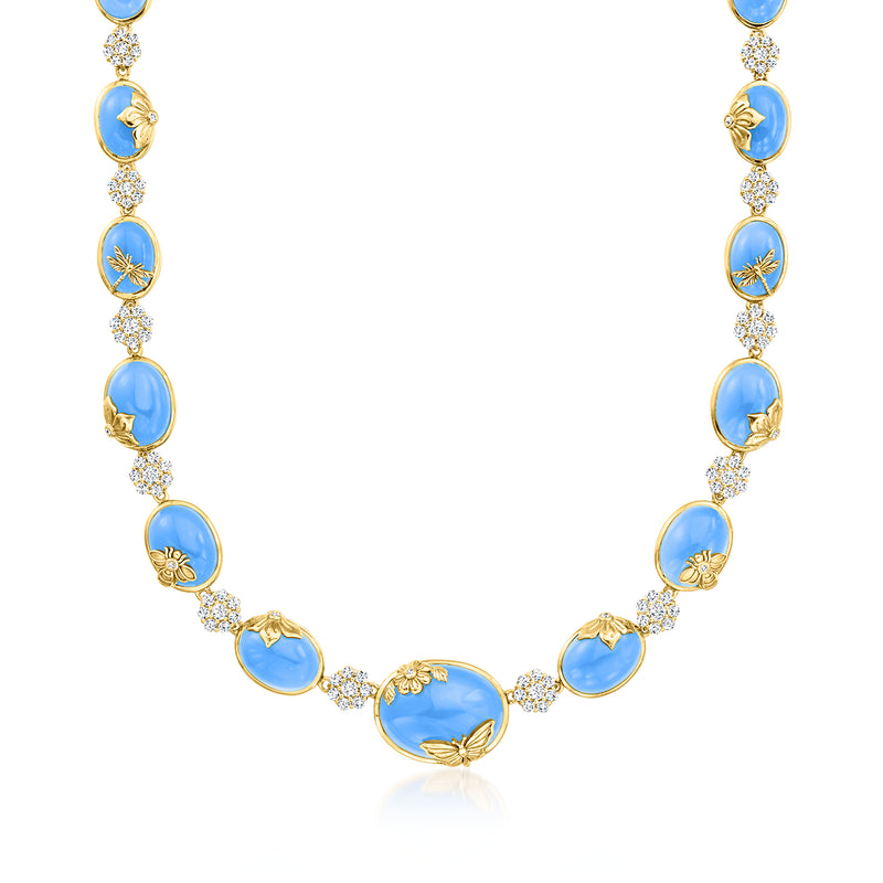 18kt gold overlay necklace with oval blue chalcedony cabochons and diamond accents
