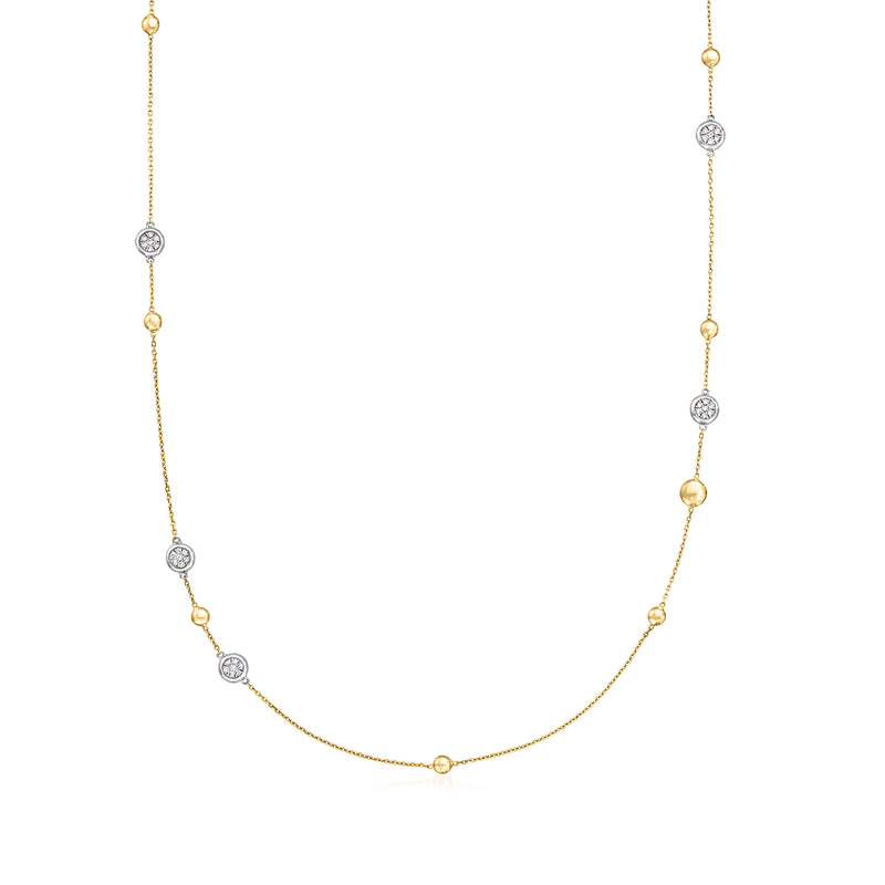 Two-tone gold diamond station necklace with round links and hanging drop stations