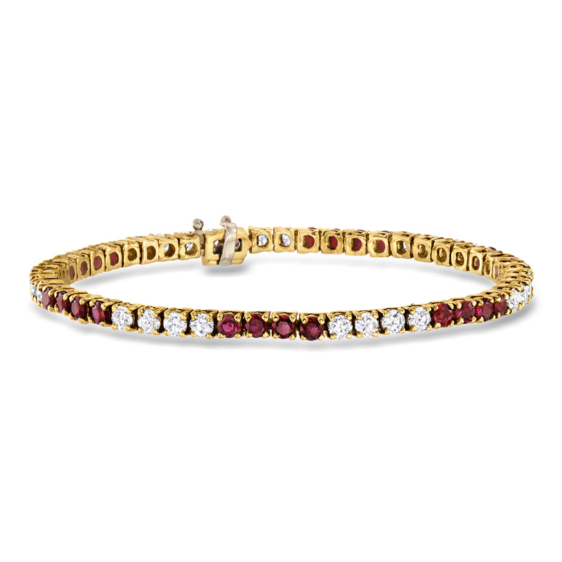 Vintage tennis bracelet in 18k yellow gold with ruby and diamond rows