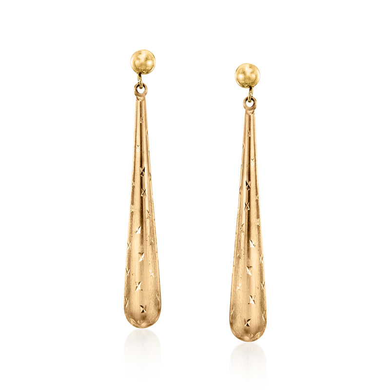 14kt yellow gold elongated teardrop drop earrings with textured engraving detail