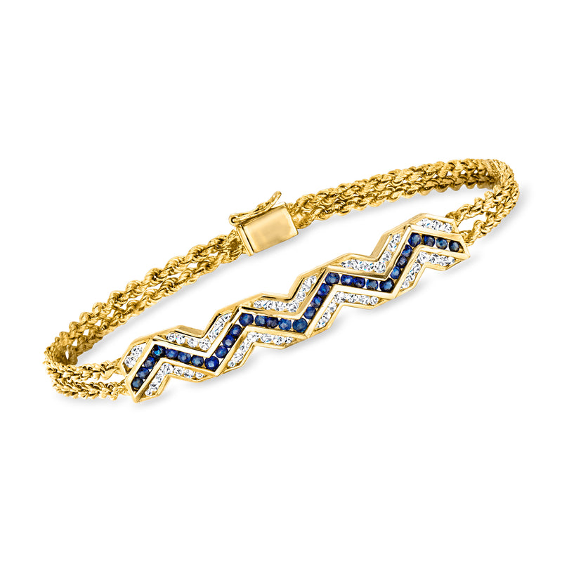18kt yellow gold chevron bracelet with blue sapphire stones and diamond accents