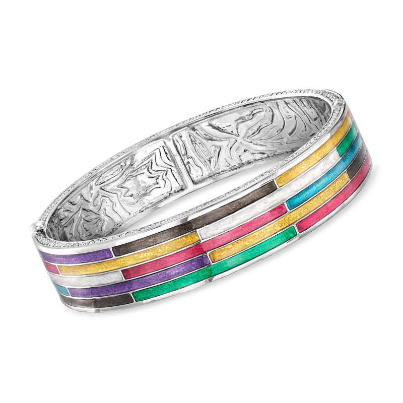 Sterling silver bangle bracelet with rainbow enamel stripes and engraved floral details
