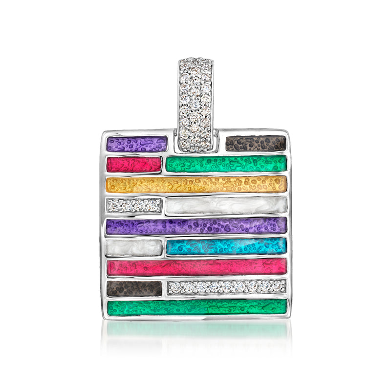 Sterling silver pendant with multicolored enamel bars and clear CZ frame