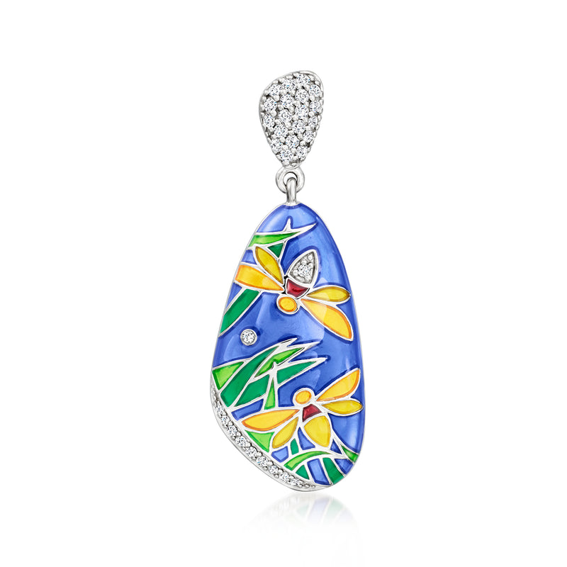 Sterling silver enamel pendant with multicolored floral firefly design and CZ accents