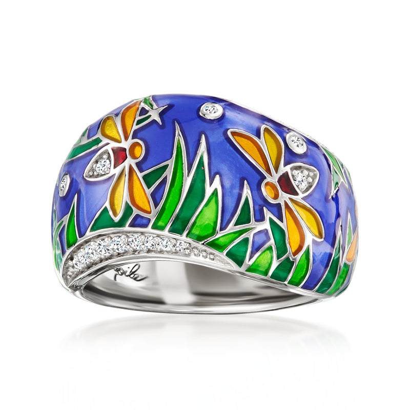 Sterling silver enamel ring with multicolored floral motif and CZ accents
