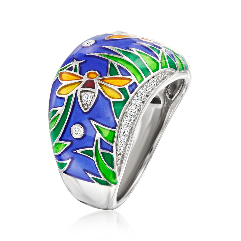Sterling silver enamel floral ring with multicolored details and sparkling CZ side