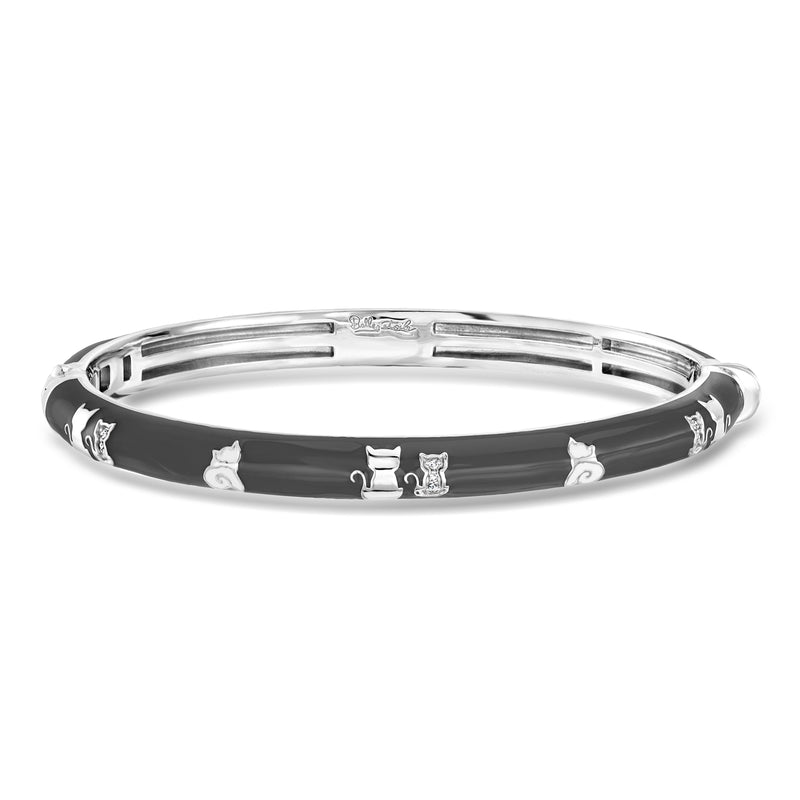 Belle Etoile black and white enamel bangle bracelet, sterling silver cat charms