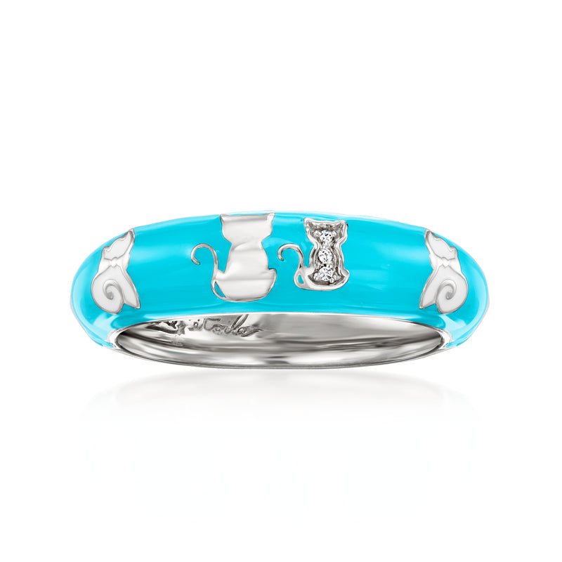 Turquoise enamel cat ring in sterling silver with white CZ accents
