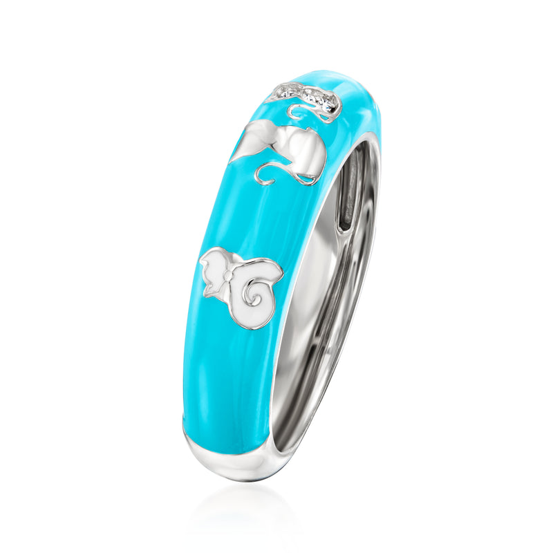 Sterling silver cat ring with turquoise enamel band and white stone details