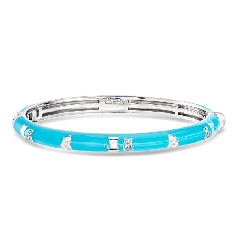 Sterling silver turquoise enamel bangle bracelet with cat charms and small CZ accents