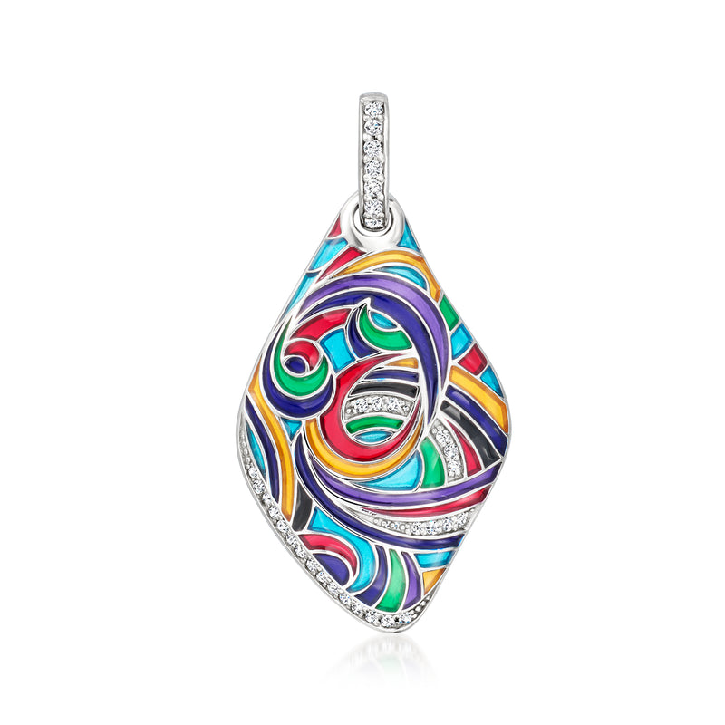 Sterling silver multicolored enamel teardrop pendant with CZ-accented bale
