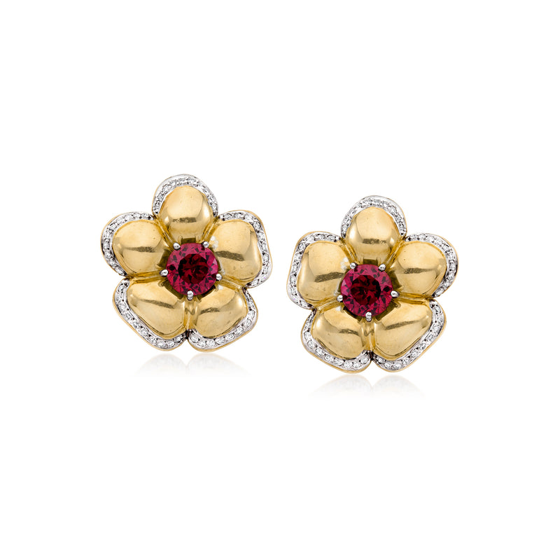 18kt yellow gold flower earrings with red rhodolite center and diamond halo