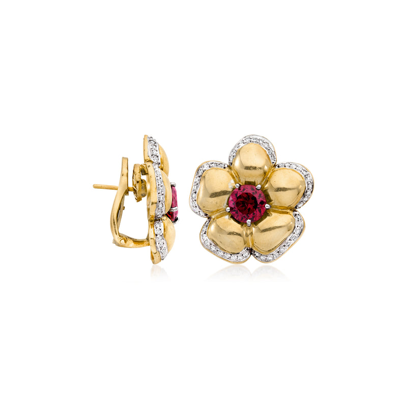 Yellow gold flower stud earrings with red gemstone center and diamond accents