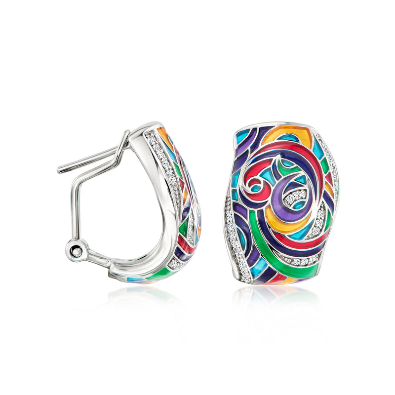 Sterling silver enamel CZ hoop earrings with multicolor swirl design