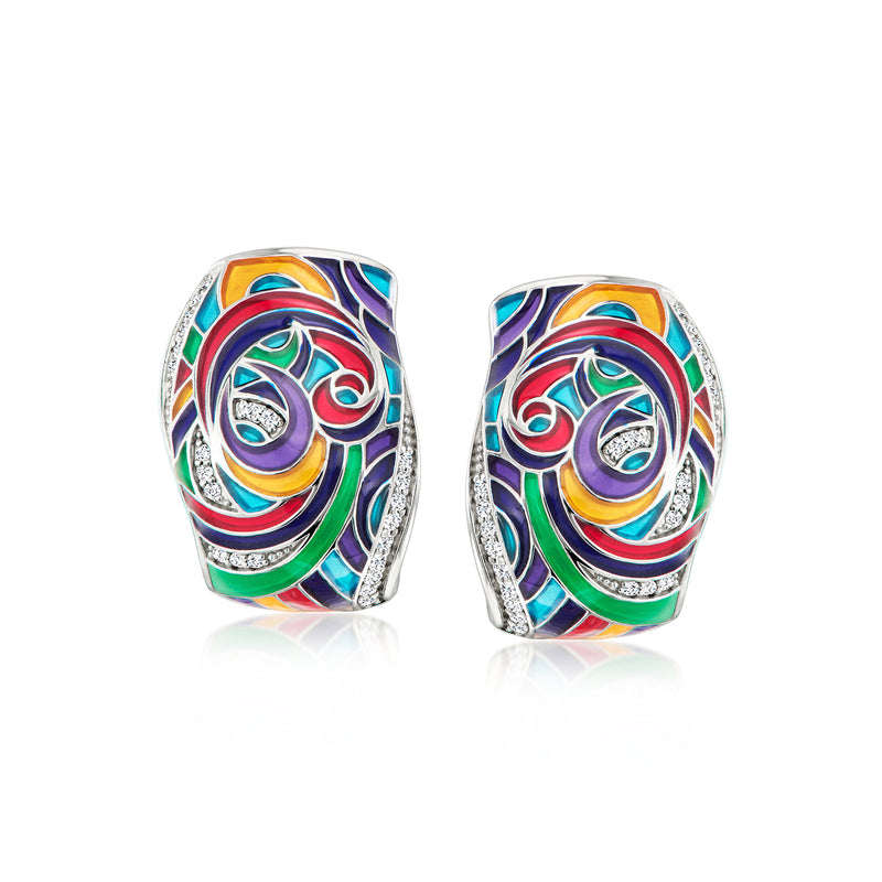 Sterling silver enamel CZ hoop earrings, multicolor swirl front with clear stones