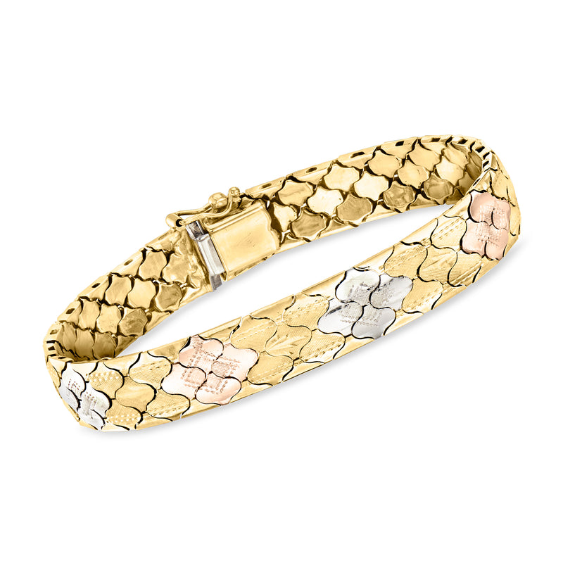 Tri-colored gold fancy-link bracelet with textured links and box clasp