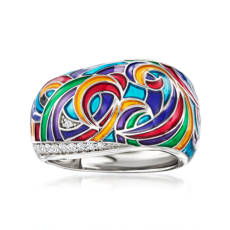 Sterling silver CZ ring with multicolored enamel swirl design, bright stones on band
