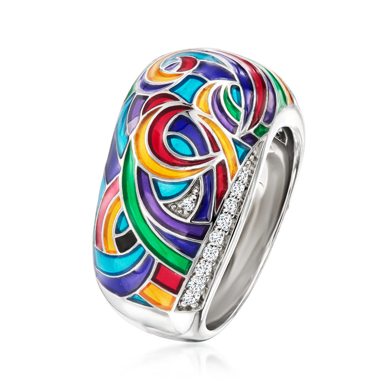 Sterling silver enamel swirl ring with side CZ rows and multicolor inlays