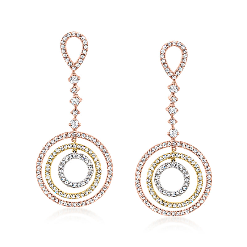 Tri-colored gold diamond drop earrings with concentric circle and teardrop accents