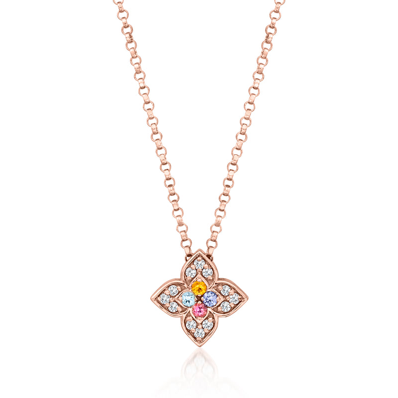 18kt rose gold flower necklace with diamond and multicolor gemstone pendant