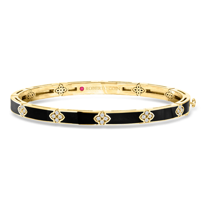 18kt yellow gold bangle with black enamel and small diamond accents