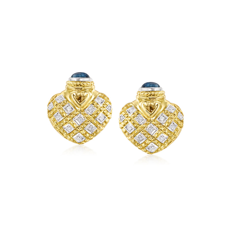 Heart stud earrings in 14kt yellow gold with blue sapphire and diamond accents