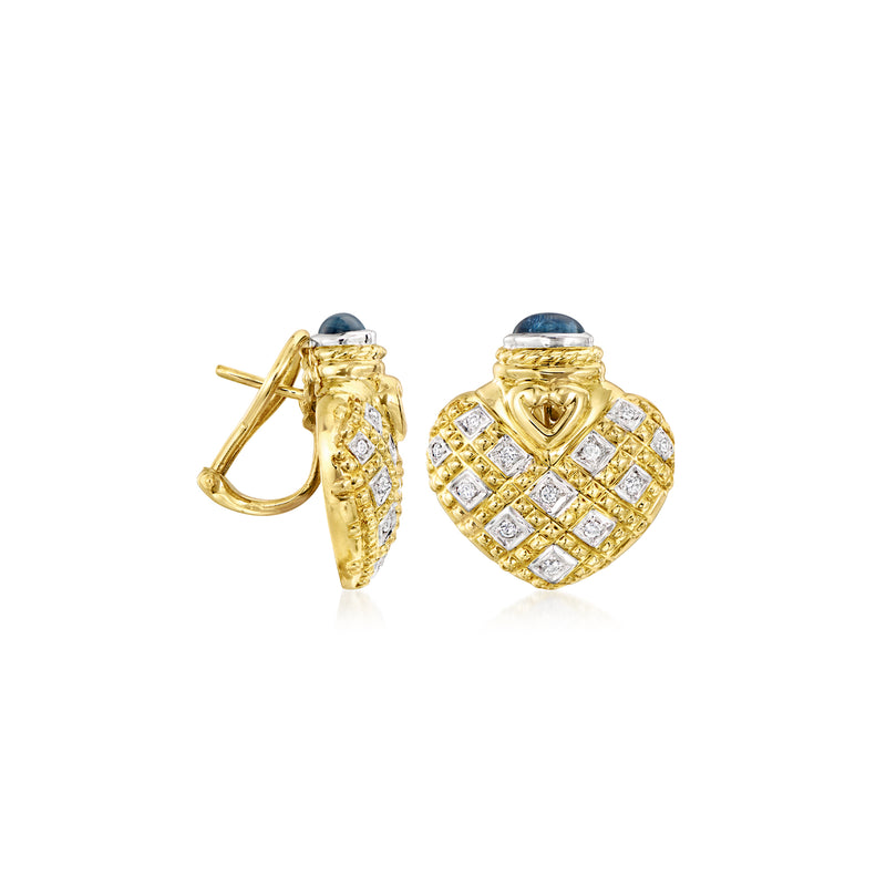 14kt yellow gold heart earrings with sapphire tops and diamond accents, clip/post style