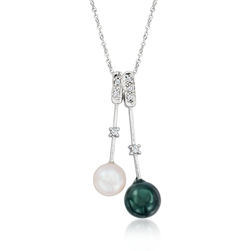 Vintage pearl pendant necklace with white and dark green pearls, diamond accents, white gold