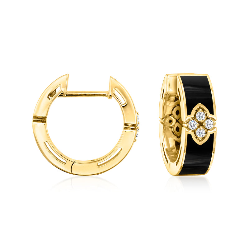 18kt yellow gold hoop earrings with black enamel and diamond accents