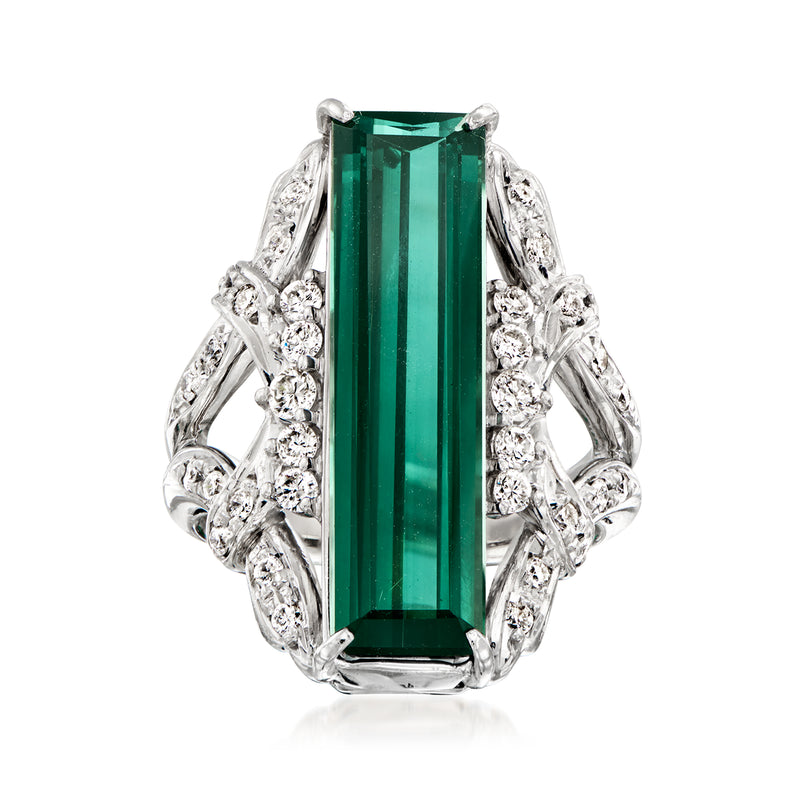 Platinum vintage ring with emerald-cut green tourmaline and round diamond accents