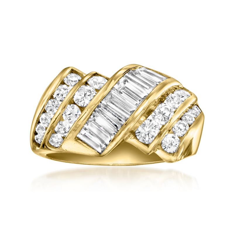 18kt yellow gold diamond ring with baguette and round stones, vintage style